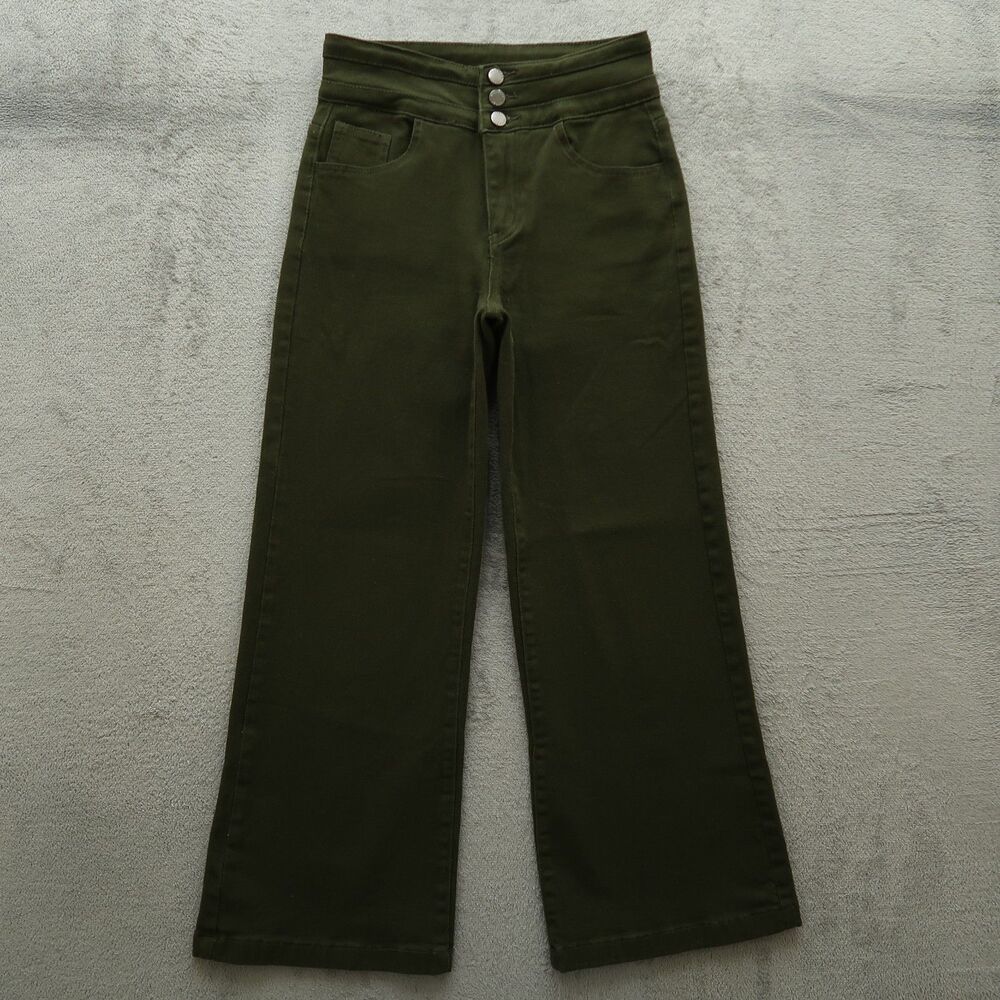 ROSWEAR Jeans Women's Size S Green High-Rise Wide-Leg Denim 28" Inseam Stretch